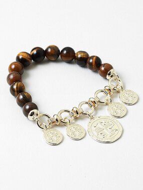 Catholic Religious St Benedict Protection Tiger Eye Stone Bead Charm Bracelet